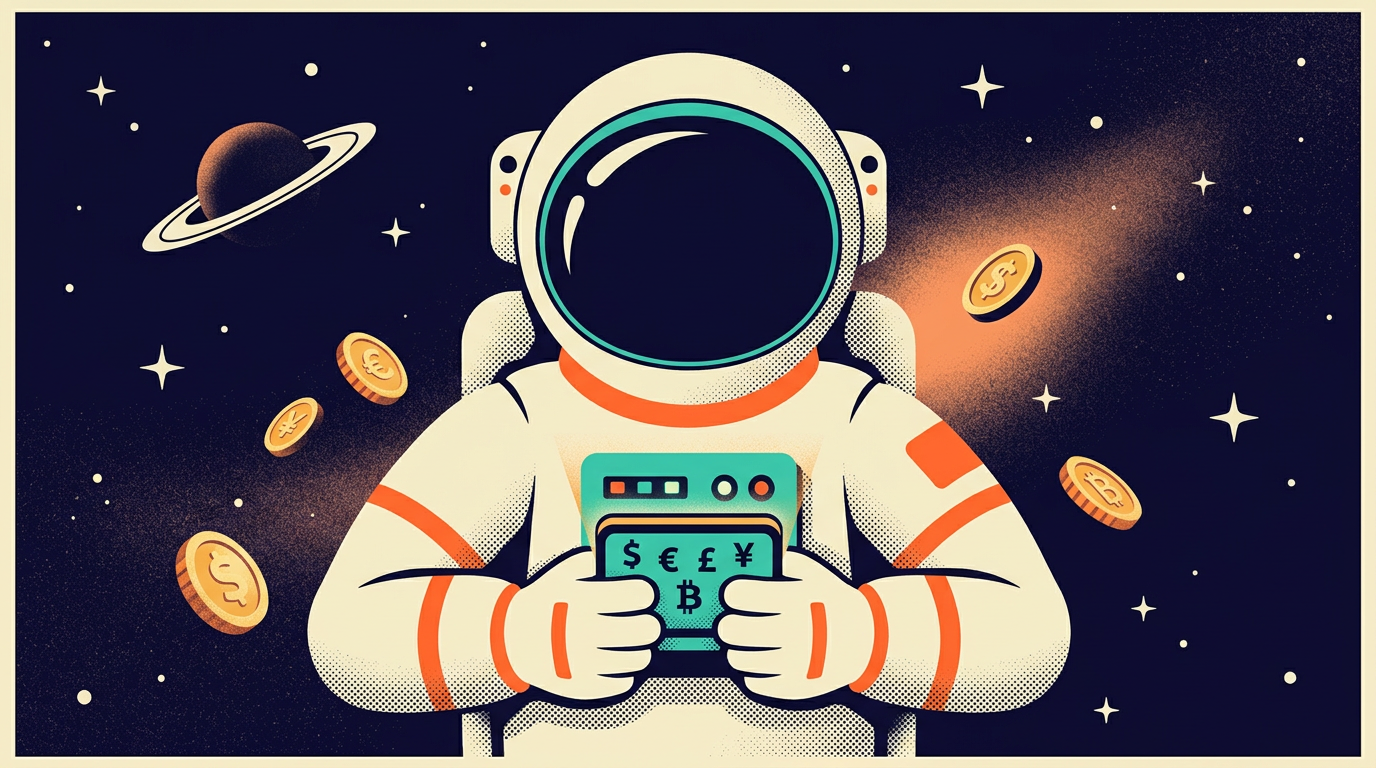 Retro-futuristic astronaut floating in space holding a BlockX wallet showing dollar, euro, pound, yen and Bitcoin, with coins drifting around
